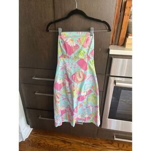 Lilly Pulitzer Strapless Rear Tie Pink Elephants Blue‎ Floral Fit Flare Dress 0